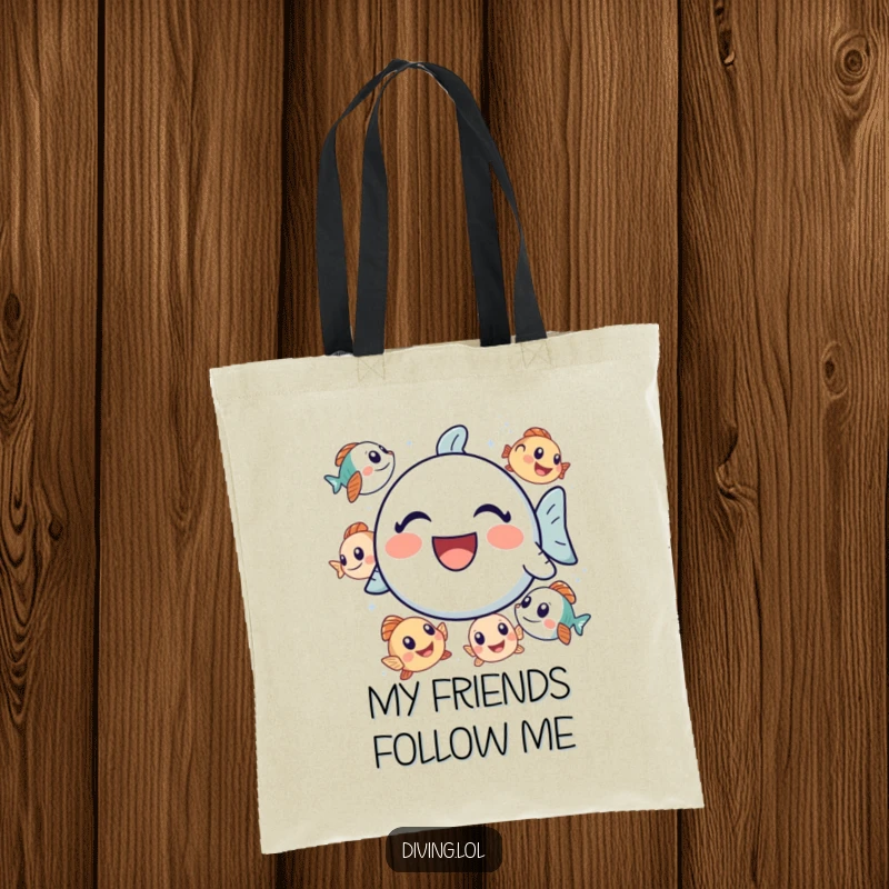 Funny bubbly icon tote bag, laughing surrounded by curious fish, a stylish and funny accessory for beach lovers.