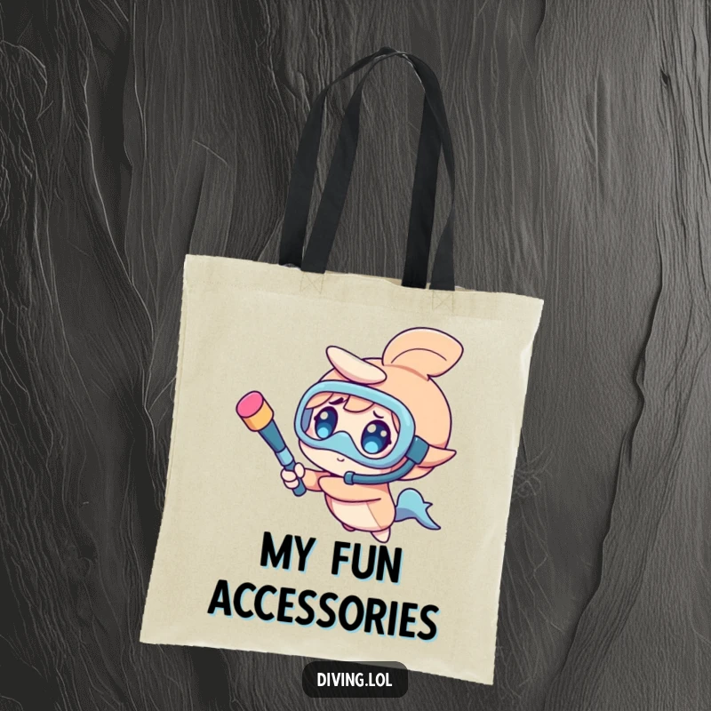 Funny tote bag featuring a character spinning a snorkel like a baton, embodying a spirit of carefree fun.
