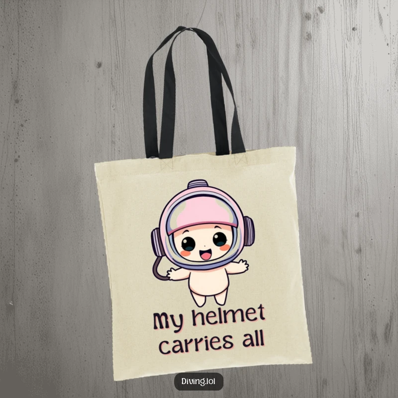 Funny diving helmet tote bag with a character in an oversized helmet, bobbing happily, ideal for carrying beach gear or daily necessities with a smile.