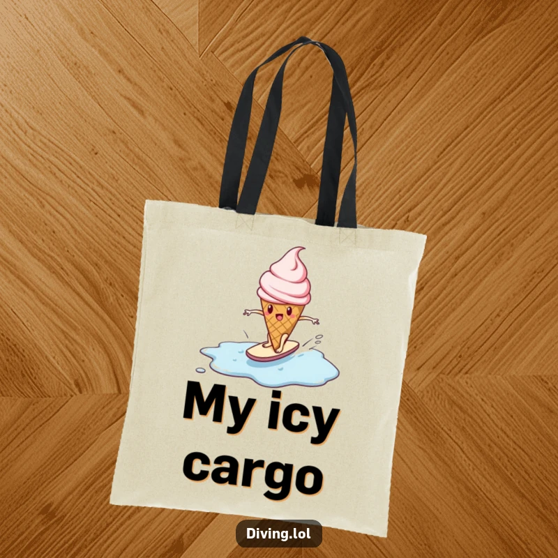 Funny tote bag showing an ice cream cone character determinedly surfing a melting puddle, great for carrying daily essentials.