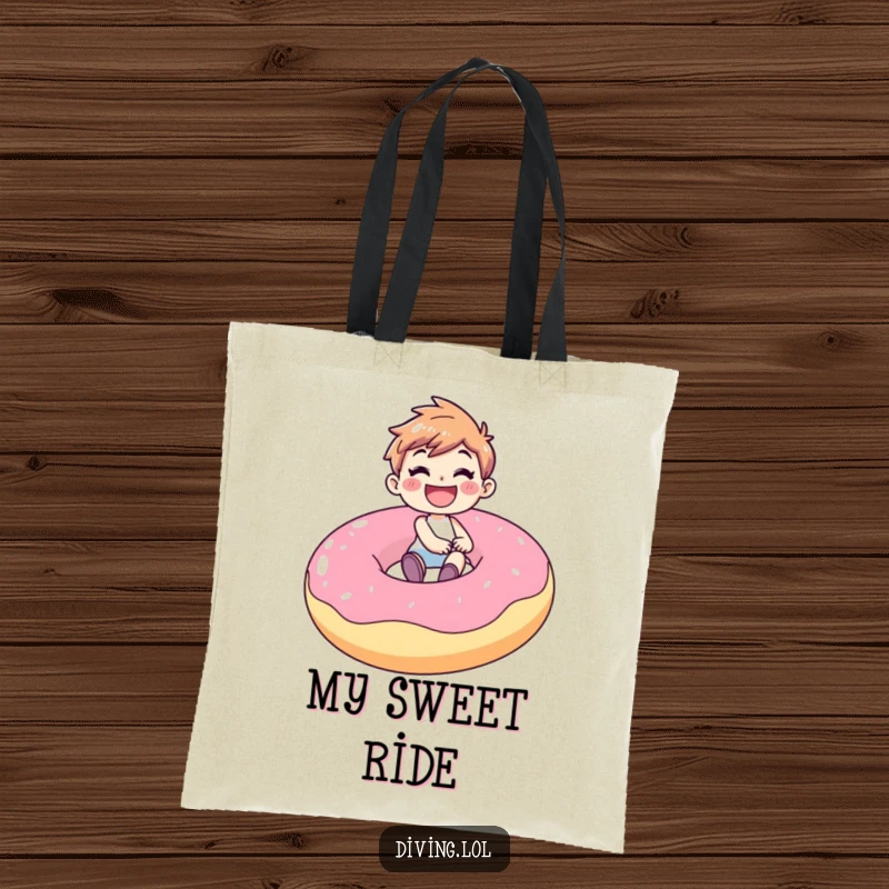Funny tote bag showing a joyful character with a gleeful grin, riding a large inflatable donut, embodying fun and sweet indulgence.