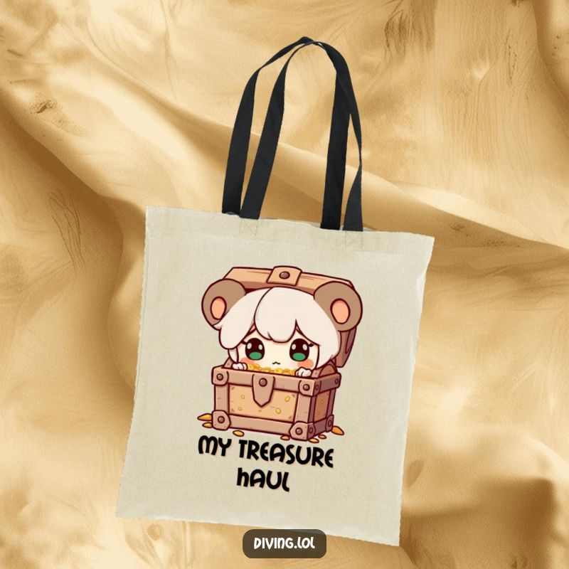 Funny tote bag showcasing a character discovering a treasure chest, eyes sparkling with surprise, a cheerful carry-all.