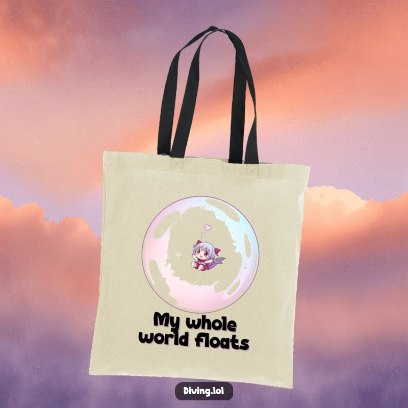 Funny small character tote bag, humorously riding a giant bubble underwater, a stylish and funny accessory for dreamers.