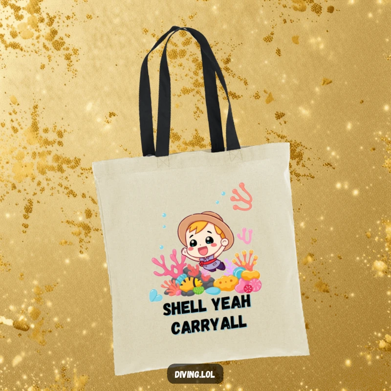 Funny Tote Bag showcasing an energetic diver discovering a beautiful, colorful coral reef, perfect for beach or market trips.