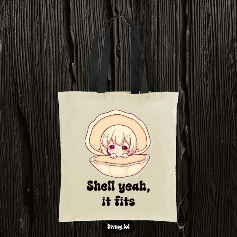 Funny tote bag featuring a curious character peering into a seashell, ideal for beach trips or everyday errands.
