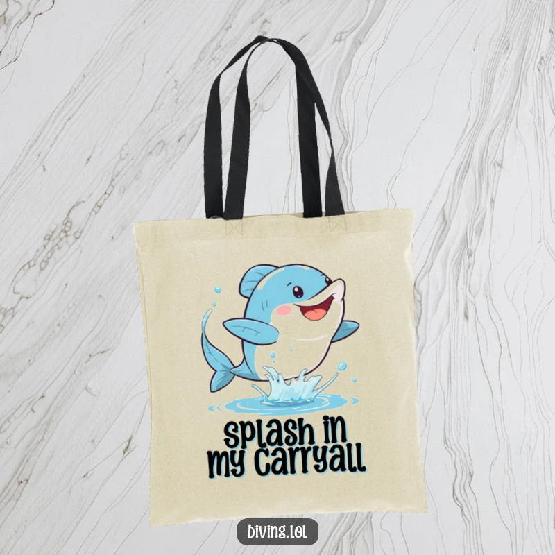 Funny fins tote bag showcasing a character gleefully kicking their fins, sending a spray of water, perfect for carrying beach gear or daily necessities.
