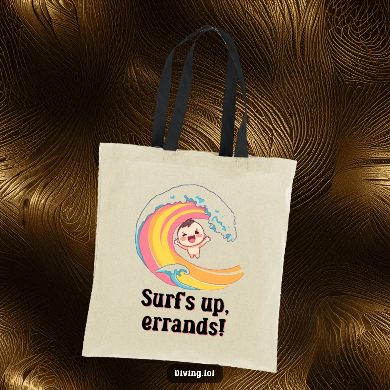 Funny tote bag with a cheerful character mid-dive into a colorful wave. A humorous and practical bag for beach or daily use.